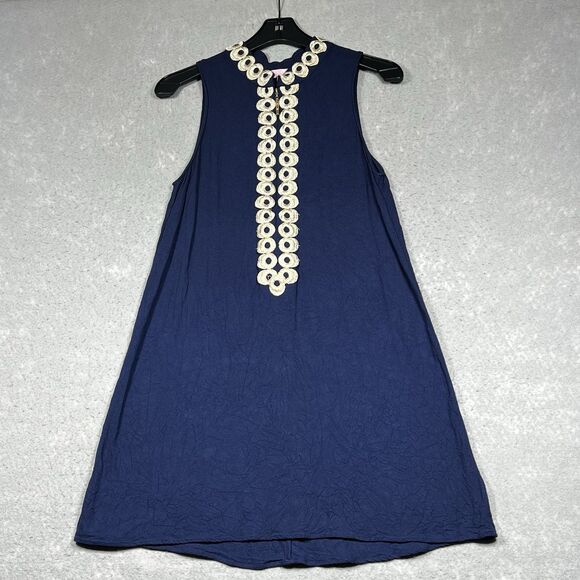 Lilly Pulitzer Jane Shift Dress 10 True Navy Gold Zipper Sleeveless Embroidered - Picture 1 of 12